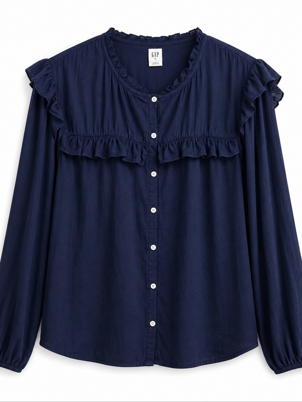 Gap Navy Blue Ruffle Trim Button Front Blouse Sizr XXL